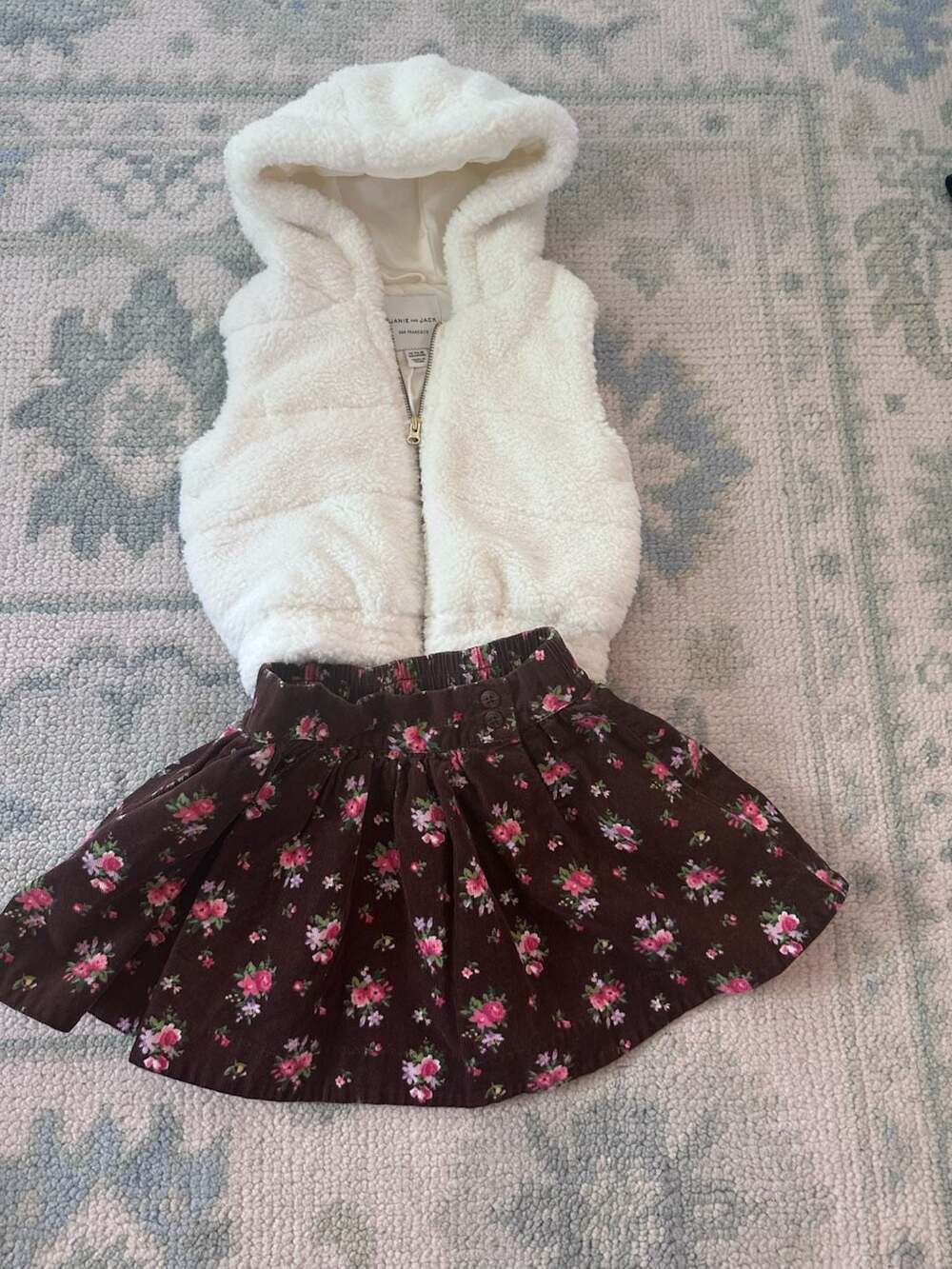 12-18 M Janie and Jack Infant Girl's Cream Faux Fur Hooded Vest and Brown Floral